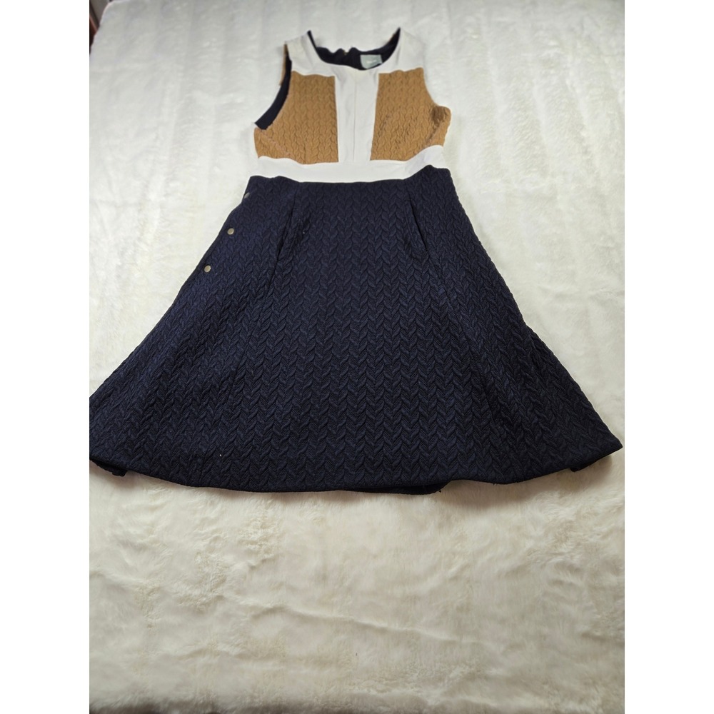 Maeve Anthropologie Colorblock Chevron Textured‎ Knit Fit Flare Dress Navy Tan 8